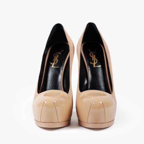 Saint Laurent Beige Suede Patent Leather Tribtoo Platform Pumps - Picture 2 of 11